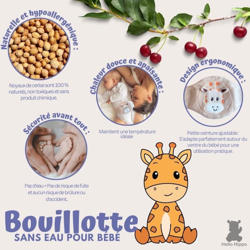 Bouillotte noyaux de cerise bébé (giraffe) - ceinture anticolique (Hello Hippo) - Image 1