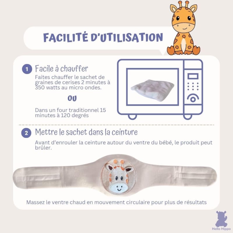 Bouillotte noyaux de cerise bébé (giraffe) - ceinture anticolique (Hello Hippo) - Image 2