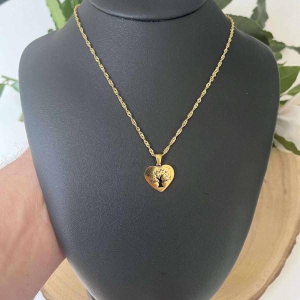 Pendentif cœur arbre de vie en acier inoxydable doré