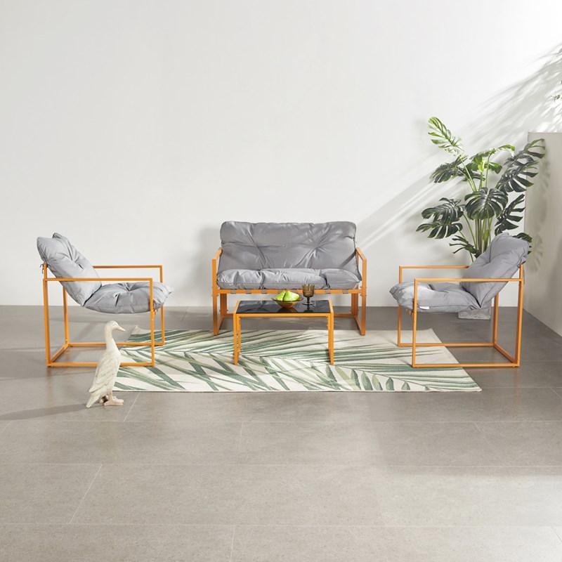 Rabat salon de jardin 4 places contemporain brun et coussins gris