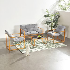 Rabat salon de jardin 4 places contemporain brun et coussins gris