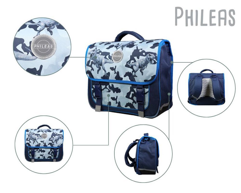 Cartable Phileas 38cm Dinosaures Bleu - Le Plus Confortable Pour Enfants Avec Système Smart Comfort