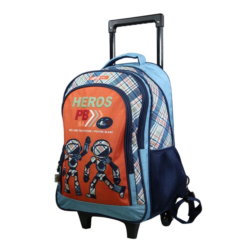 Bagtrotter - Bagtrotter sac à dos à roulettes poivre blanc robots orange