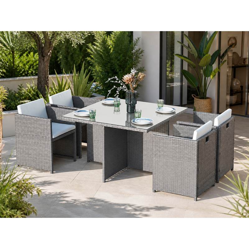 Concept Usine - Miami table et chaises 4 places encastrables en résine gris-blanc