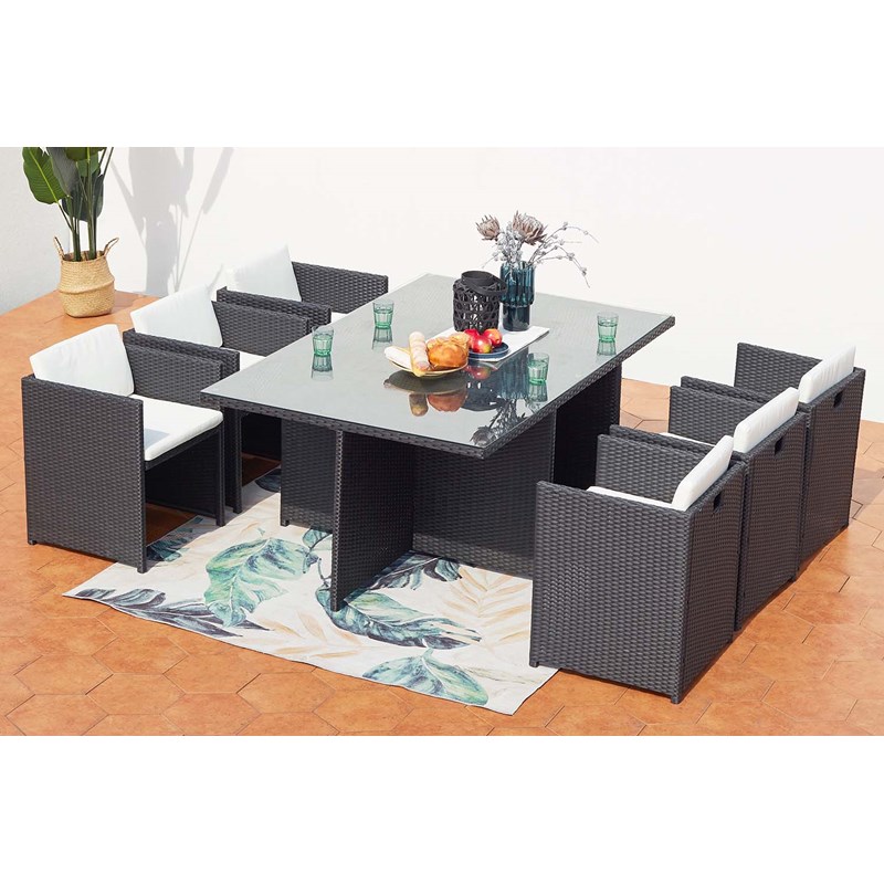 Miami table et chaises 6 places encastrables en résine noir-blanc