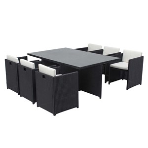 Miami table et chaises 6 places encastrables en résine noir-blanc