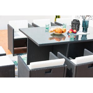 Miami table et chaises 6 places encastrables en résine noir-blanc