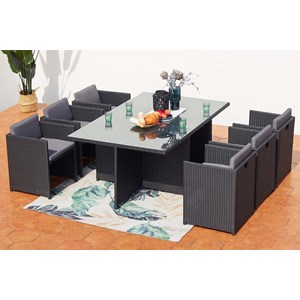 Miami table et chaises 6 places encastrables en résine noir-gris