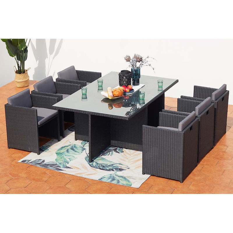 Miami table et chaises 6 places encastrables en résine noir-gris