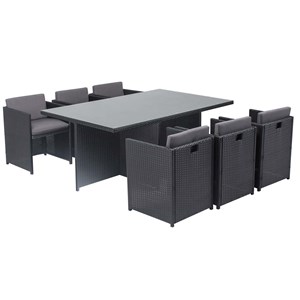 Miami table et chaises 6 places encastrables en résine noir-gris