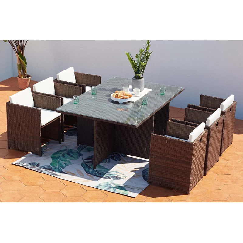 Miami table et chaises 6 places encastrables résine marron-blanc