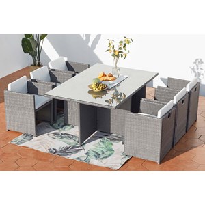 Miami table et chaises 6 places encastrables en résine gris-blanc