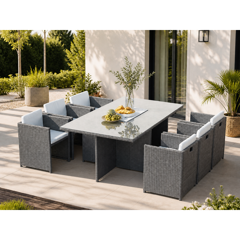 Concept Usine - Miami table et chaises 6 places encastrables en résine gris-blanc