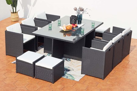 Miami table et chaises 10 places encastrables résine noir-blanc