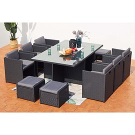 Miami table et chaises 10 places encastrables en résine noir-gris