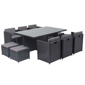 Miami table et chaises 10 places encastrables en résine noir-gris