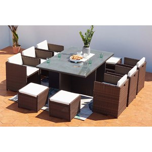 Miami table et chaises 10 places encastrables résine marron-blanc