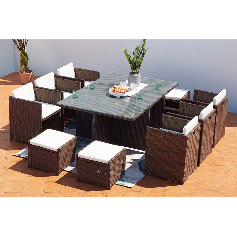 Concept Usine - Miami table et chaises 10 places encastrables résine marron-blanc