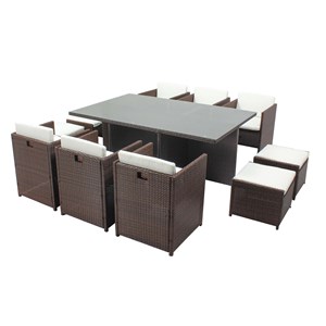 Miami table et chaises 10 places encastrables résine marron-blanc