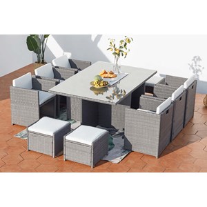 Miami table et chaises 10 places encastrables résine gris-blanc