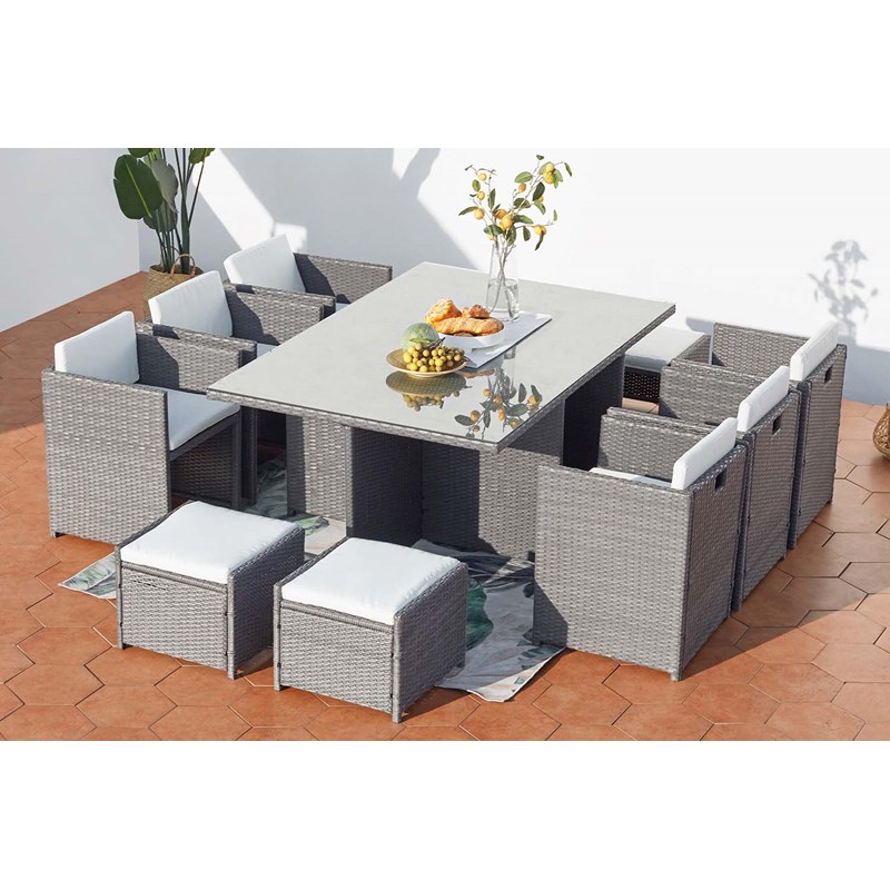 Concept Usine - Miami table et chaises 10 places encastrables résine gris-blanc
