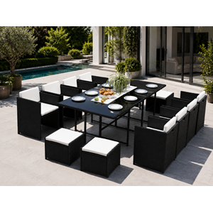 Miami table et chaises 12 places encastrables résine noir-blanc
