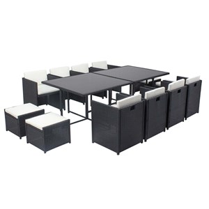 Miami table et chaises 12 places encastrables résine noir-blanc