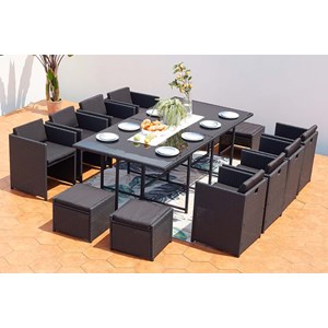 Miami table et chaises 12 places encastrables en résine noir-noir
