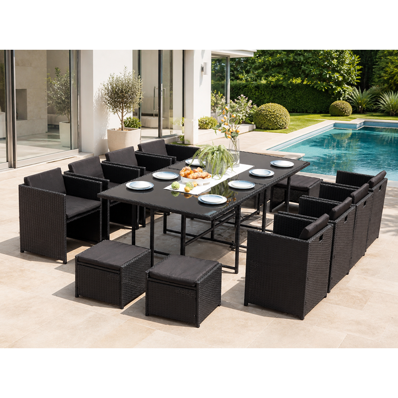 Concept Usine - Miami table et chaises 12 places encastrables en résine noir-noir