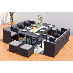 Miami table et chaises 12 places encastrables en résine noir-gris
