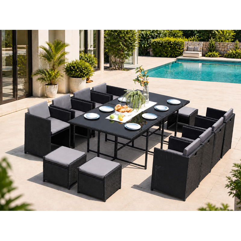 Concept Usine - Miami table et chaises 12 places encastrables en résine noir-gris
