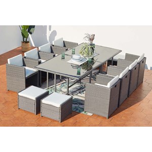 Miami table et chaises 12 places encastrables résine gris-blanc