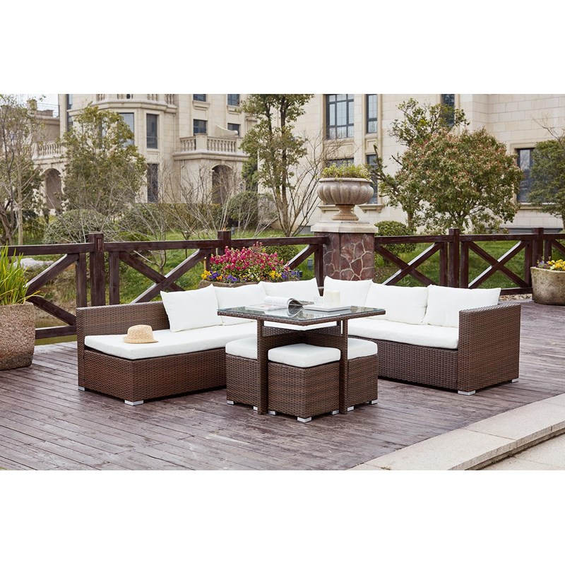 Fidji salon de jardin encastrable 10 places en résine marron-blanc