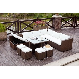 Fidji salon de jardin encastrable 10 places en résine marron-blanc