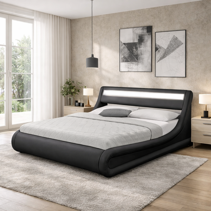 Portland lit coffre avec led 140 x 190 cm noir