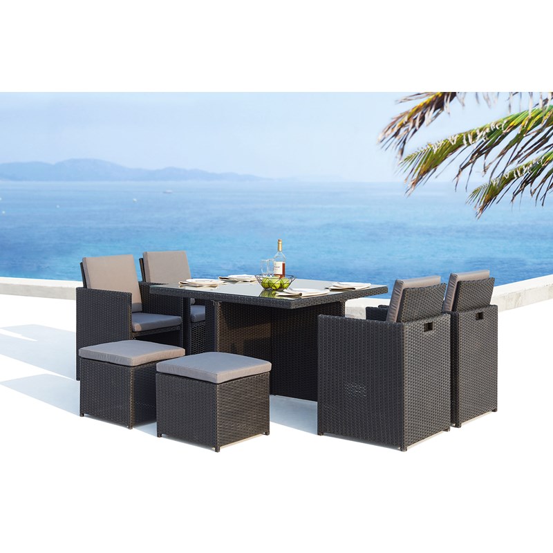Concept Usine - Monaco table et chaises 8 places encastrables en résine noir-gris