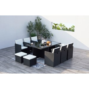 Monaco table et chaises 10 places encastrables résine noir-blanc