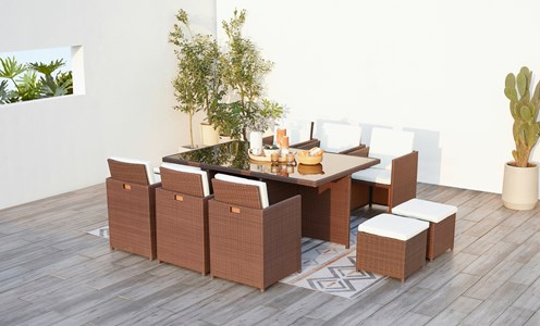 Monaco table et chaises 10 places encastrables résine marron-blanc