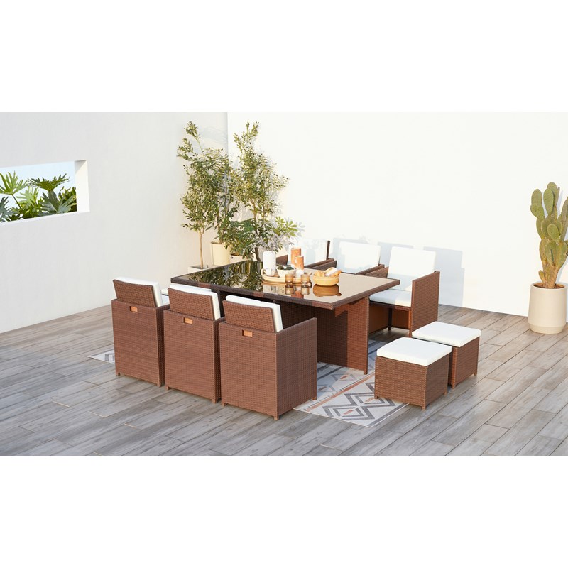 Concept Usine - Monaco table et chaises 10 places encastrables résine marron-blanc