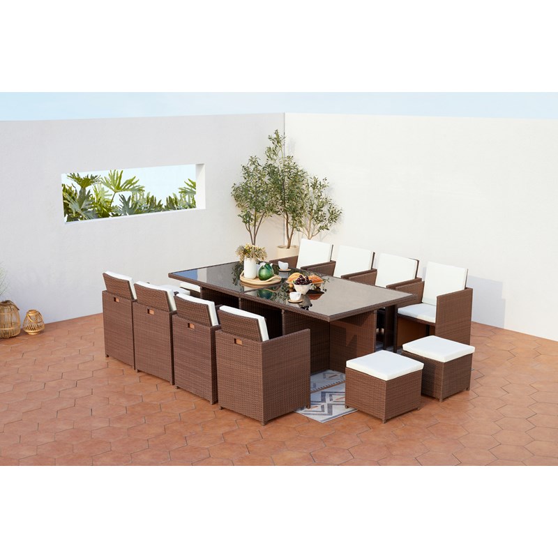 Concept Usine - Monaco table et chaises 12 places encastrables résine marron-blanc