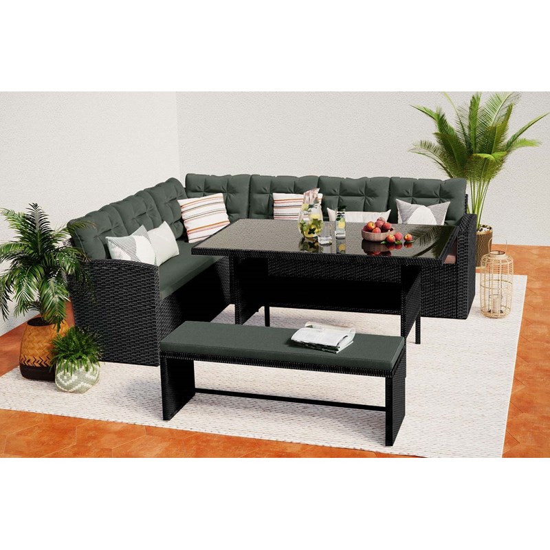 Moorea salon de jardin 8 places en résine anthracite et coussins verts