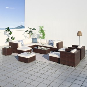 Stalla salon de jardin modulable 13-14 places en résine tressée marron et blanc