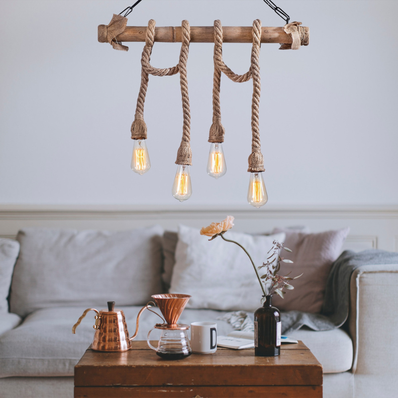 Loane suspension rustique filaire 4 lampes cordes et bois