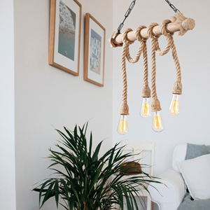 Loane suspension rustique filaire 4 lampes cordes et bois