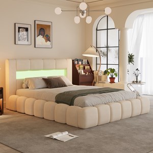 Omaha lit coffre style nuage led 160x200cm velours beige