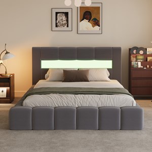 Omaha lit coffre style nuage led 160x200cm velours gris avec tête de lit et somm