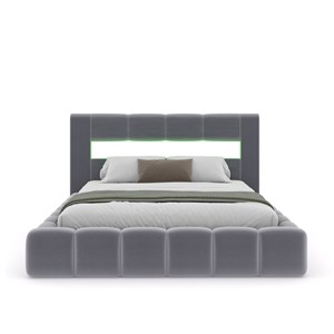 Omaha lit coffre style nuage led 160x200cm velours gris avec tête de lit et somm
