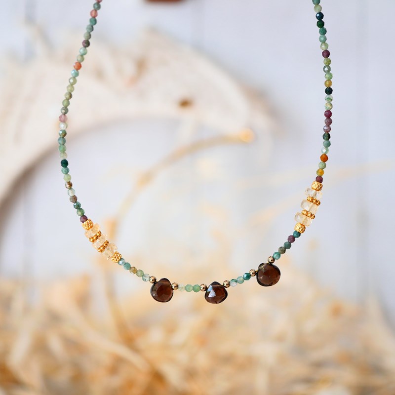 Collier prithvi en agate indienne, quartz fumé et citrine