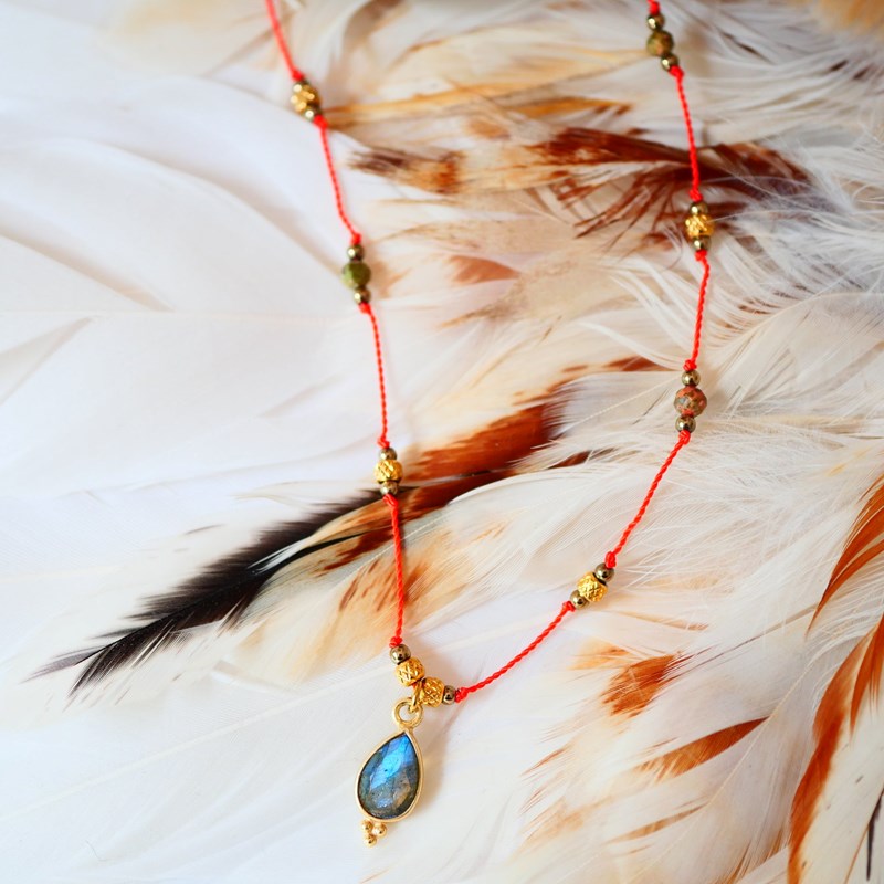 Collier cordon shakti en unakite, labradorite et hématite