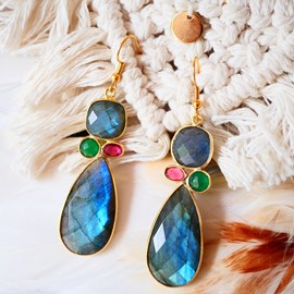 Boucles d’oreilles vana en labradorite, onyx vert & tourmaline rose